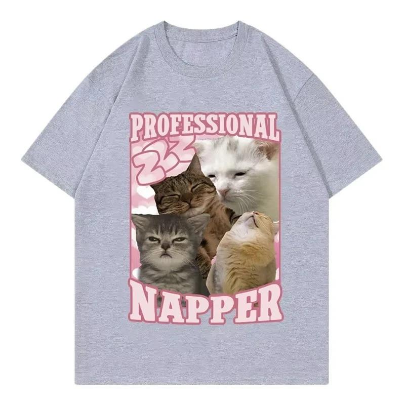 High Quality Cotton Clothing Tee Shirt Unisex Professional Napper Funny Cat Meme T-shirt Kawaii Fashion Short Sleeve T-shirts