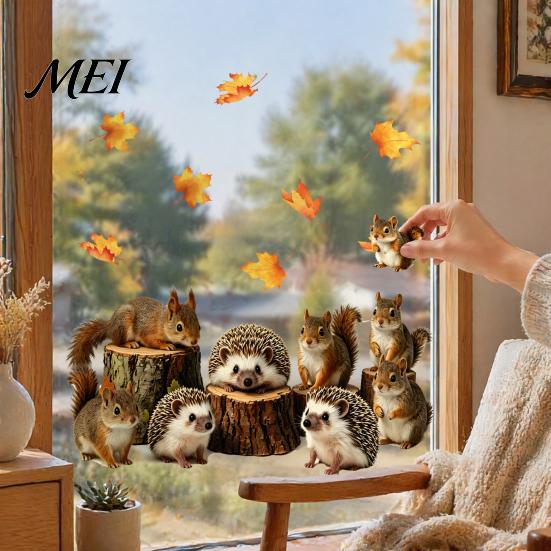 Forest Animal Window Film 2PCS Static Sticker, Squirrel And Hedgehog Printed, Autumn No Glue Glass Stickers Theme Waterproof PVC Decal, for