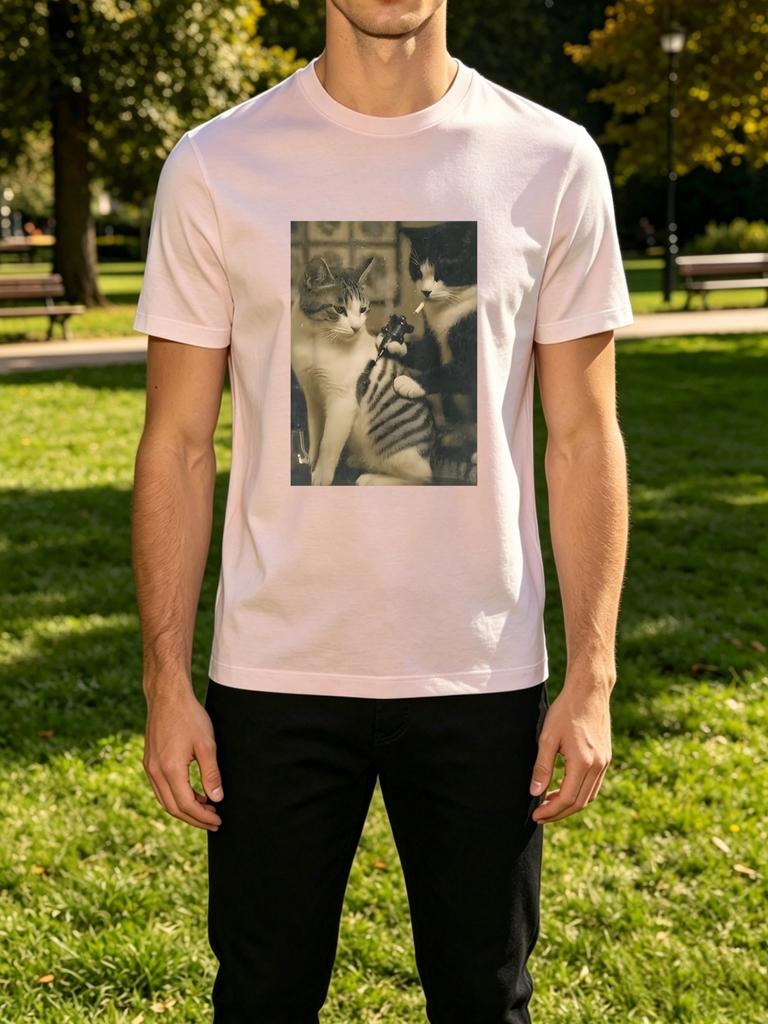 Unisexs Tee Retro Vintage Gangster Cats Gun And Cigarette Print Cotton Short Sleeve Male Streetwear Summer Daily Casual Outdoor Top