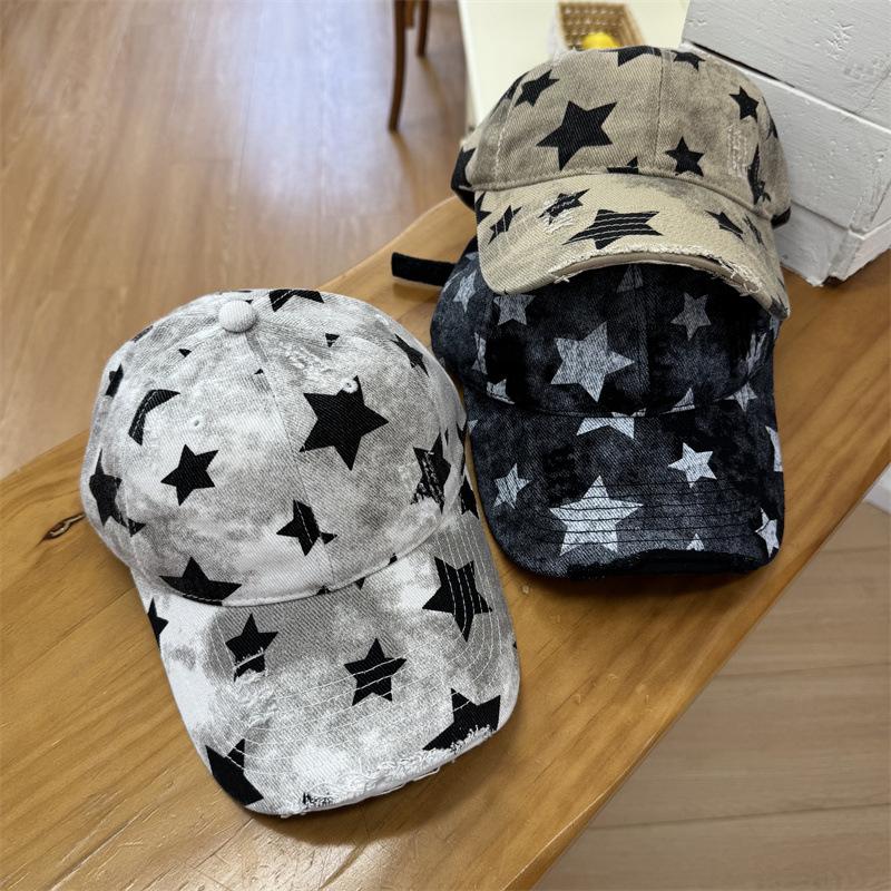 American Retro Old Ripped Star Printed Baseball Cap Women's Wide Brim Trendy Cool Hat Showing Face Small Cap