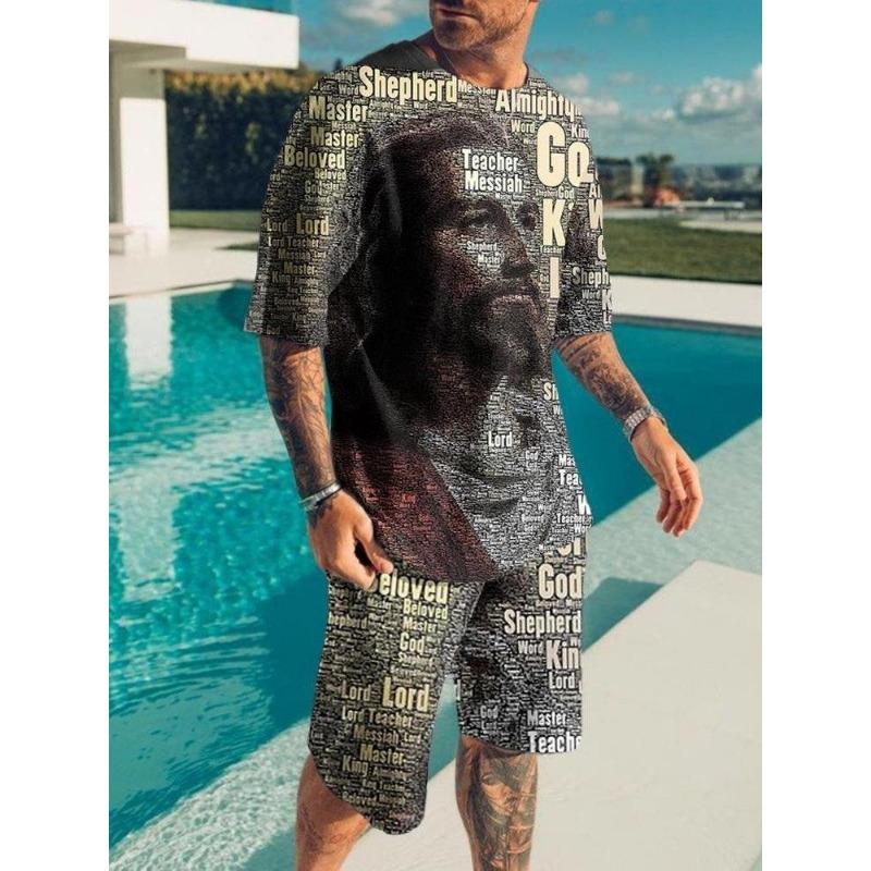 Fashion Casual Vacation Summer Men's Suit Skull 3D Printed Sportswear Short-sleeved Suit Oversized Round Neck T-shirt Shorts 2-piece