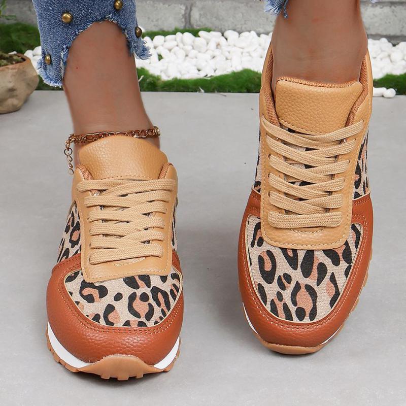 Fashion Leopard Print Women Casual Shoes Autumn Leather Ladies Sports Shoes Lace-up Slip On Fashion 2024 Casual Outdoors Walking Shoes
