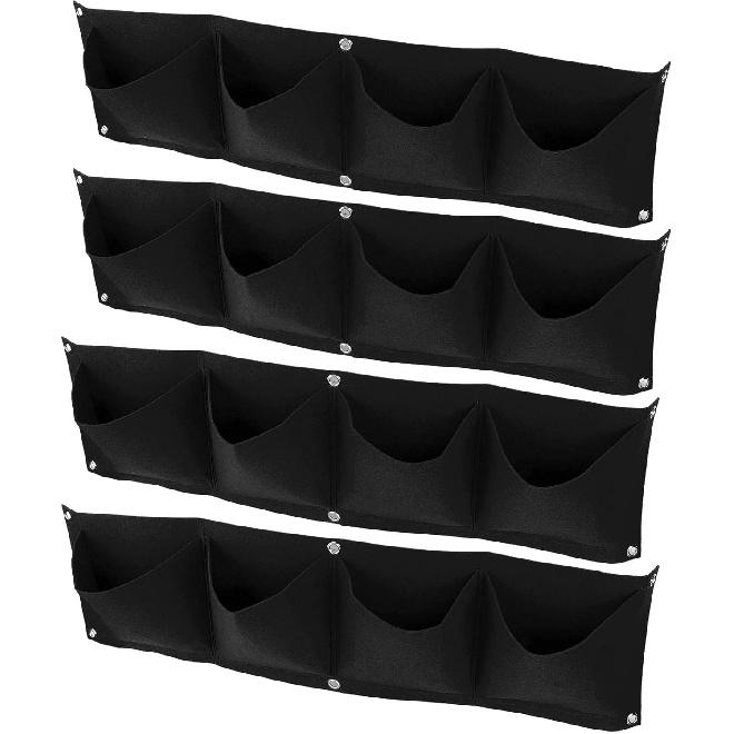 4Pcs 4 Pocket Felt Vertical Wall Garden Planter Plant Grow Bag Reusable Wall Mounted Planting Growing Bag for Flower Vegetable(Black)