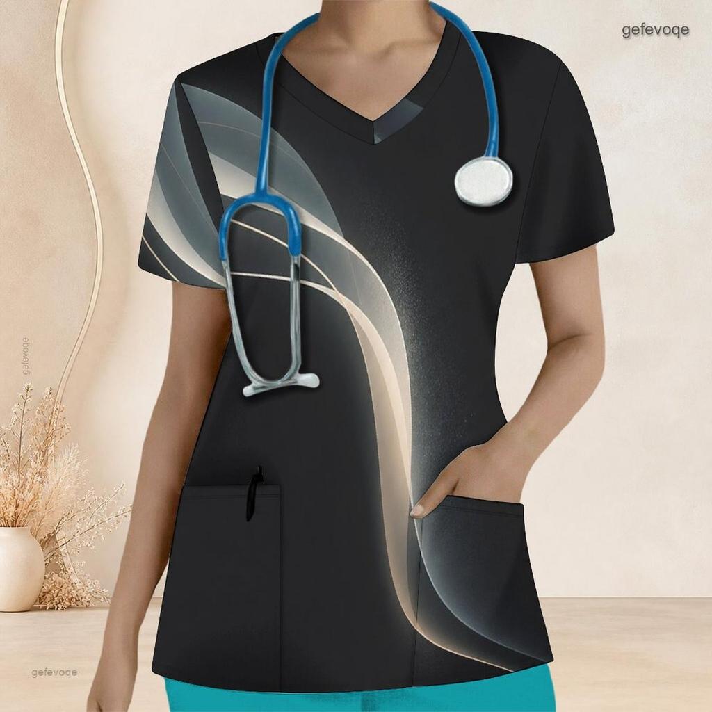 Women Plus Size Black Printed Nurse Scrub Top V Neck Short Sleeve With Front Pockets