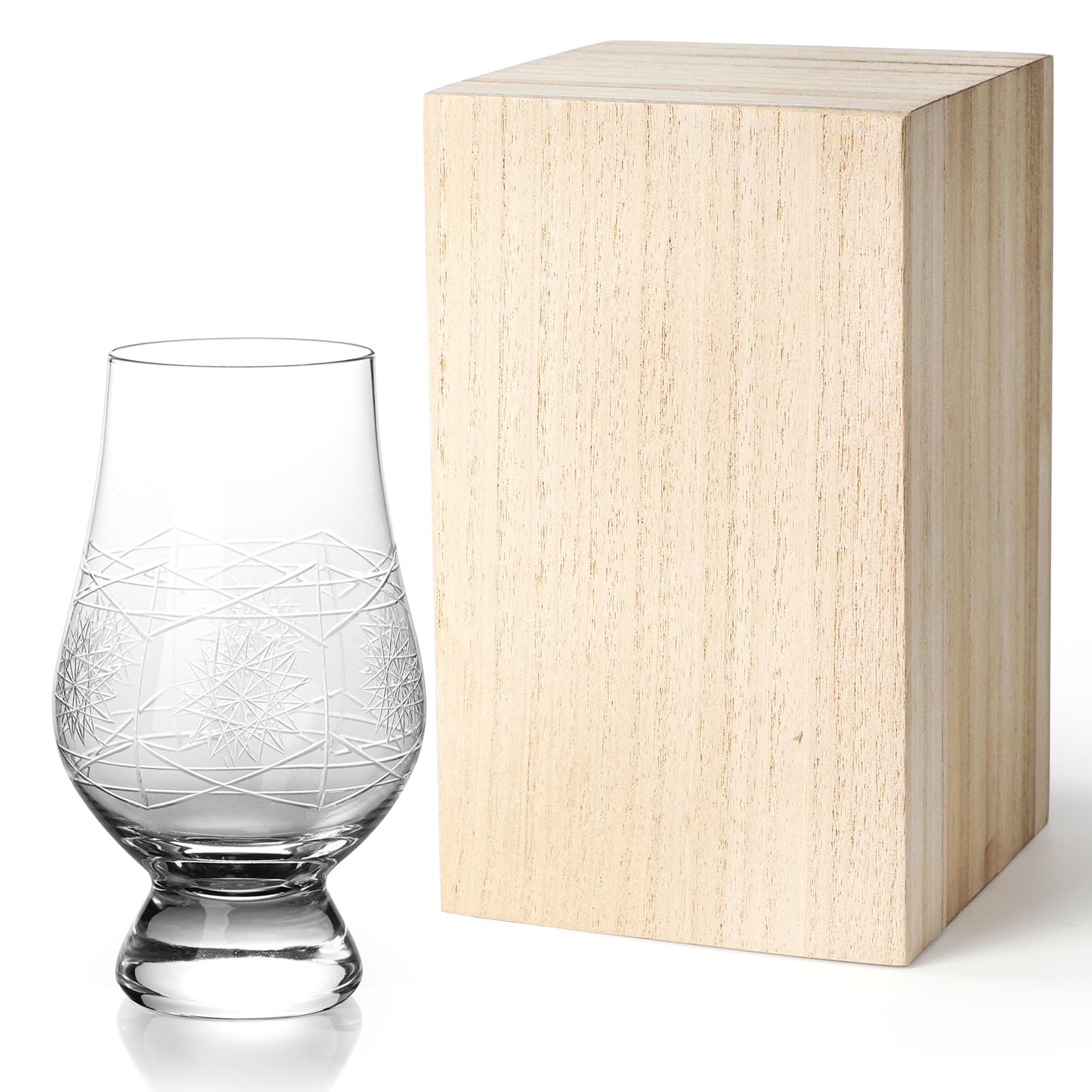 

Straight Whiskey Tasting Glass, Whiskey Glass, Rocks Glass, Wooden Box, Hand-Carved Design, 190ml (Snow Flower)