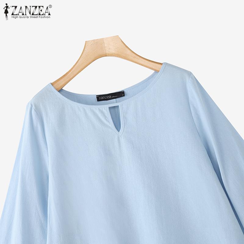ZANZEA Women Casual Round Neck Loose 3/4 Sleeve Cotton Blouse