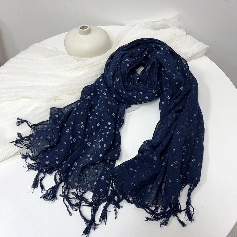 

Spring And Summer Navy Blue Flower Printed Cotton Linen Scarf Thin Breathable Fashion Scarves 60x210cm
