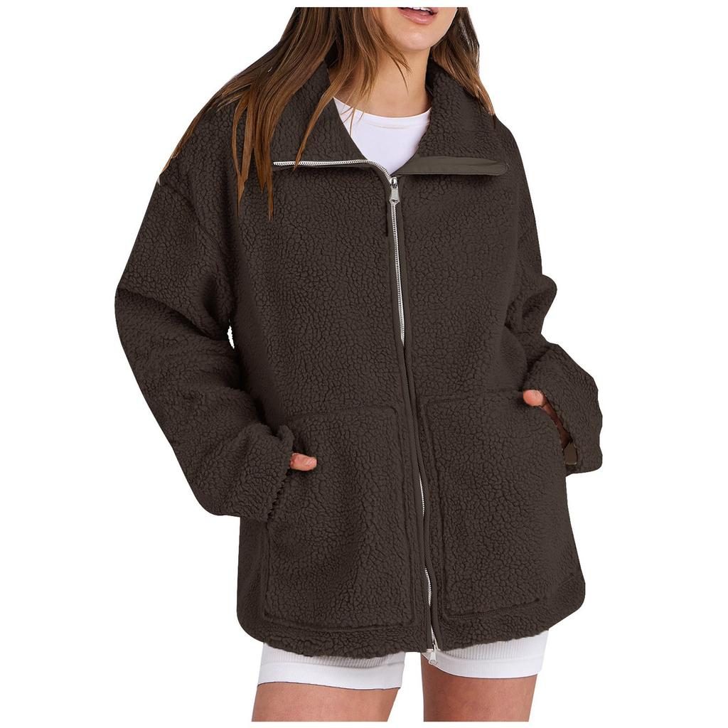 Women's solid color loose single breasted casual  pocket hoodie jacket