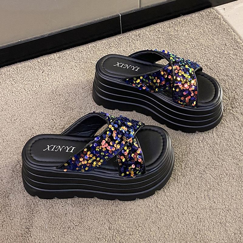 Muffin heel color thick-soled cool slippers women's wear popular round head new summer fashion sequined high-heeled sandals women