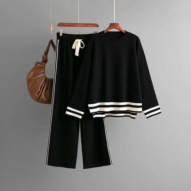 

Fashion Wind Knitted Loose Sweater Loose Pants Two-piece Set Knitted Sweater and Pants Set Black One size