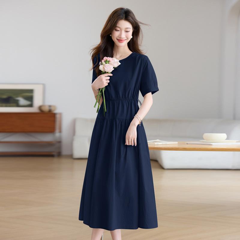 

Летний новый модный дизайн, простое платье-юбка, свободная талия на кулиске, тонкий короткий рукав, из чистого хлопка, женское 2XL тёмно-синий