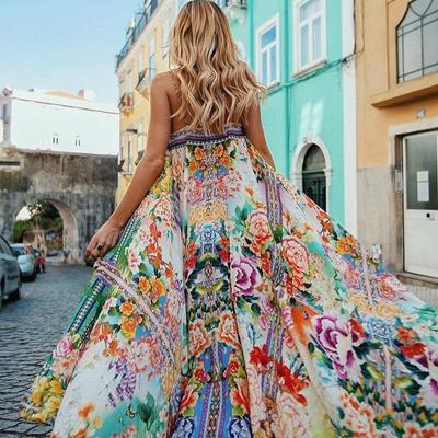 Moda Femei Fusta Mare Floare Rochie Beach Resort Fusta Swing Sling Rochie Imprimata