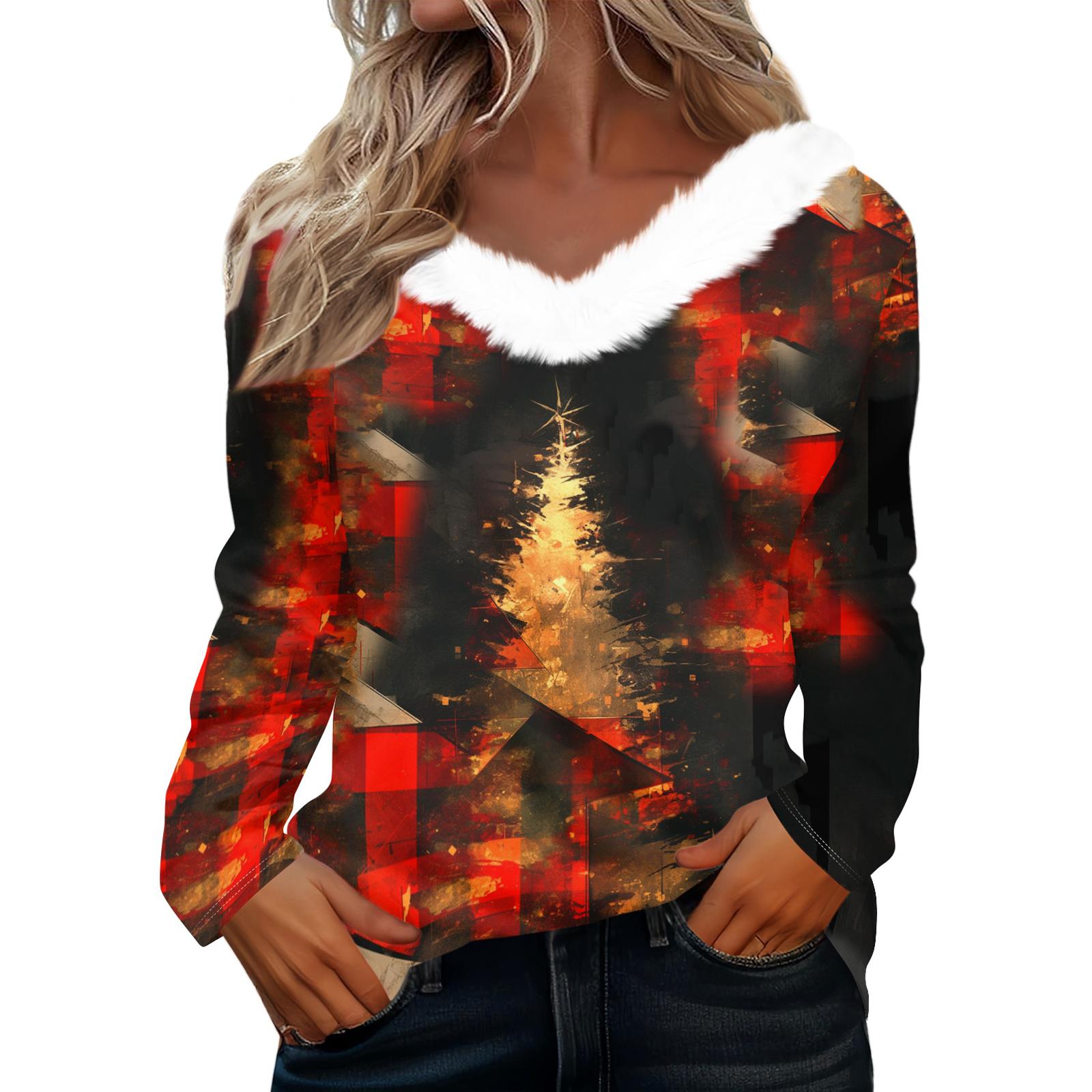 

Рубашки с длинным рукавом для женщин Милые топы Рождественские принты Футболки Блузки Повседневные топы больших размеров Базовые топы Пуловеры L красный