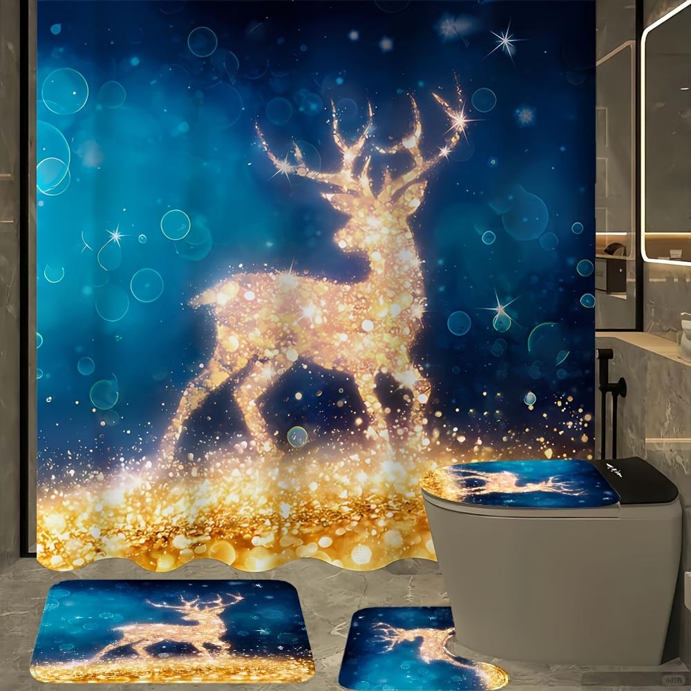 4-teiliges Badezimmer-Duschvorhang-Set Weihnachten Goldener Elch Badezimmer-Vorhang mit 12 Haken Rutschfeste Teppiche Toilettendeckelmatte Badezimmer-Trennwand