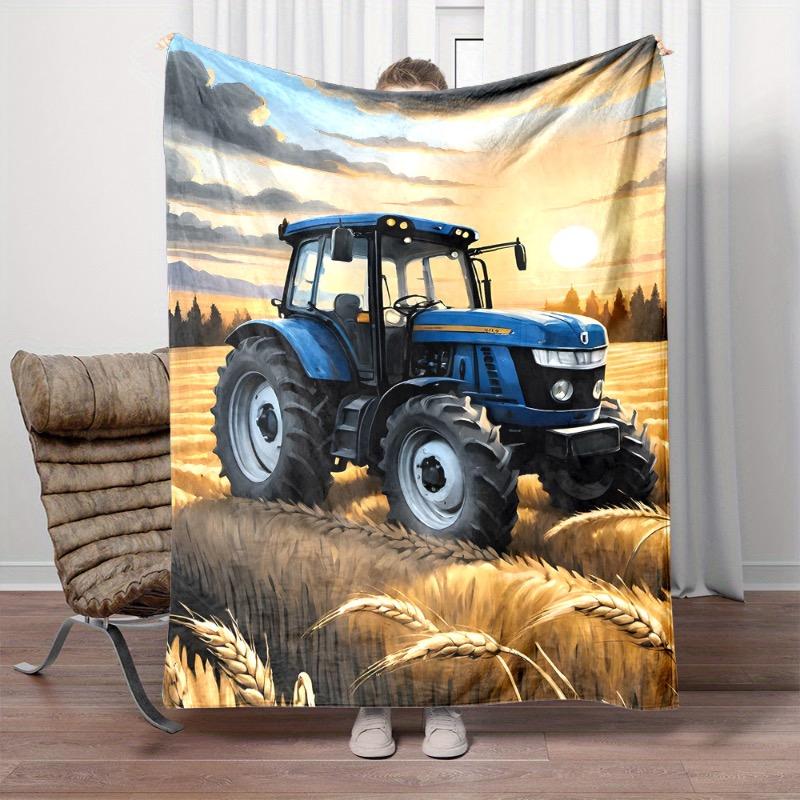 Cozy Flannel Throw Blanket with Farm Tractor Print - Soft Reversible All-Season Nap Blanket for Couch Bed Office and Travel