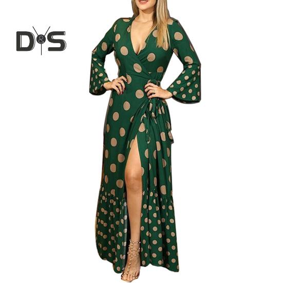 

Женское летнее платье-макси с запахом, длинным рукавом, глубоким V-образным вырезом, принтом в горошек, со шнуровкой, разрезом, струящееся длинное пляжное платье S зелёный