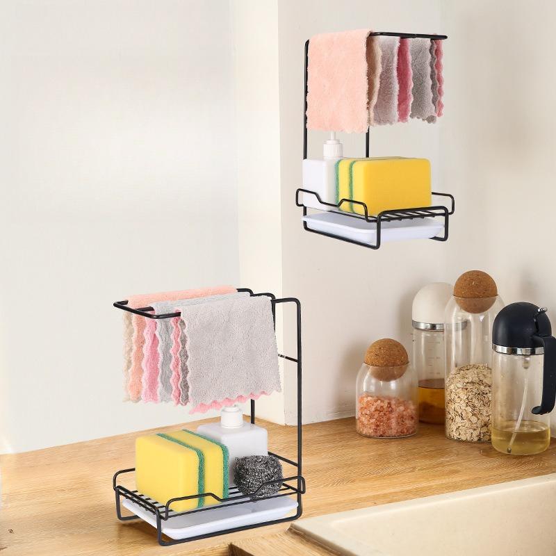Drill-Free Wall-Mounted Kitchen Sponge Holder Adjustable Drying Rack for Dishcloths Scouring Pads Space-Saving Organizer