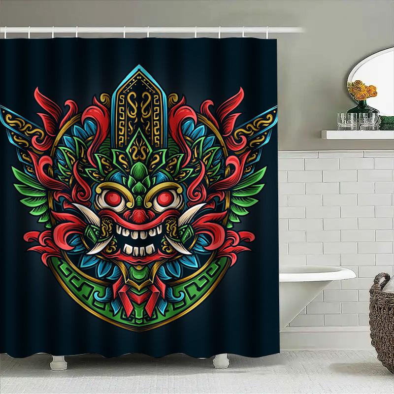 

Tuniu Cool Chinese Demon Mask Shower Curtain Unique Art Bathroom Decor Vivid Colorful Design W60H190(CM)-1 Pcs
