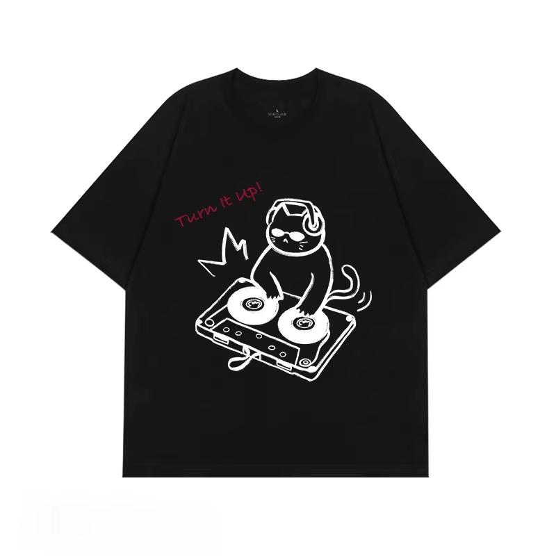 Summer Cute Hand Drawn DJ Cat Print Oversized Tshirt Casual Streetwear Short Sleeve Tee for Unisex and WoUnisex Moisture Wicking Dry
