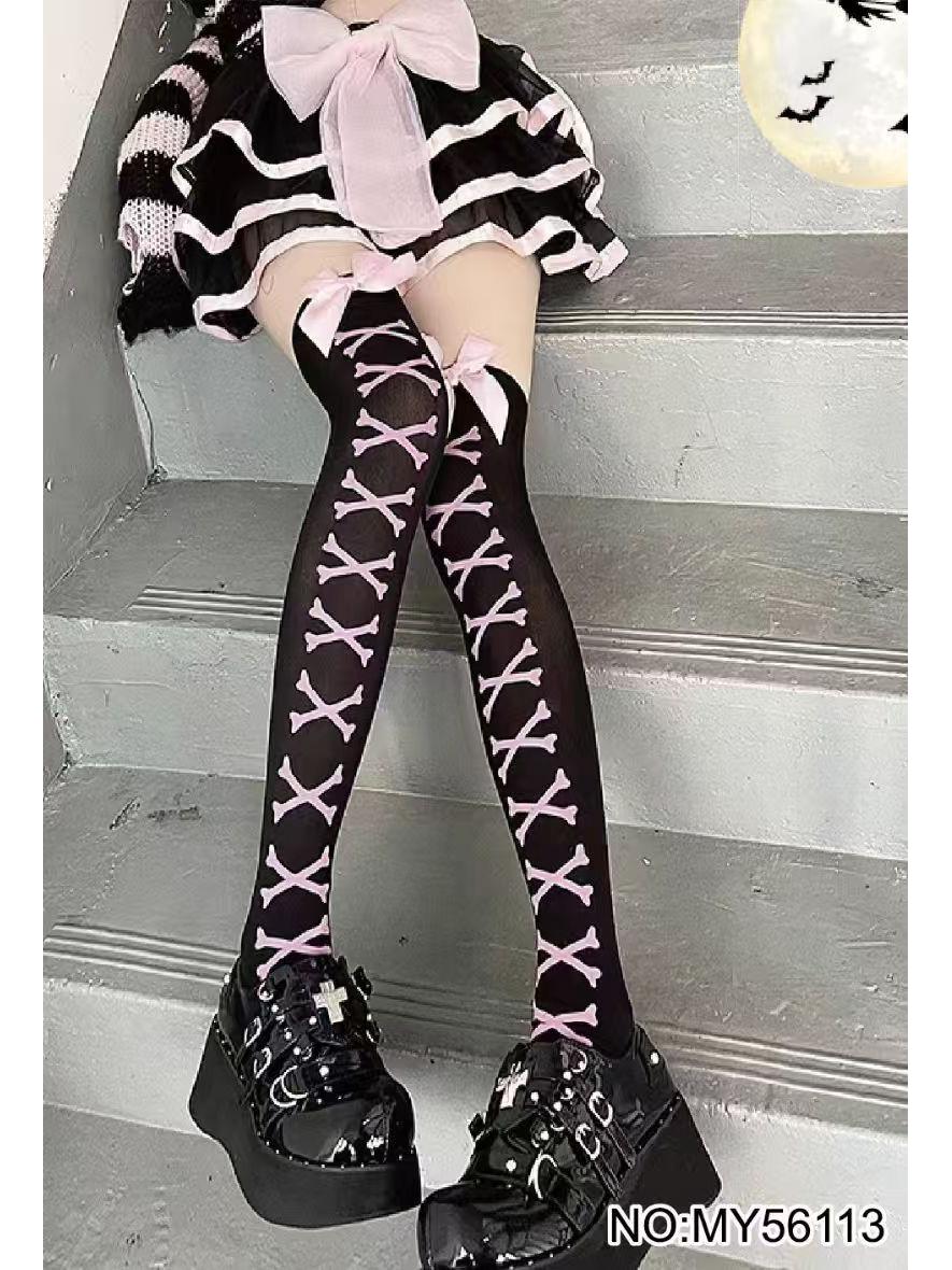 

Панчохи до стегон з принтом черепа на Хелловін – Поліестерові шкарпетки вище коліна 1 Pair