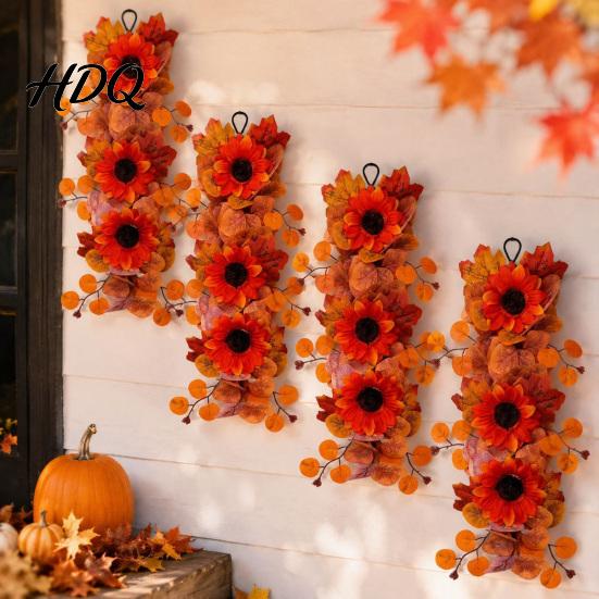 Fall Sunflower Garland with Butterflies Artificial Wall Hanging Maple Leaf Butterfly Autumn Harvest Decoration for Hanging Wreath Indoor Outdoor