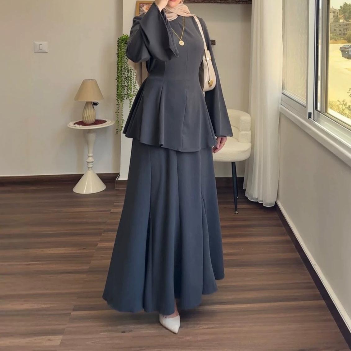 Amazon Women s New Elegant Wind Crew Neck Long Sleeve Waist Wide Swing Waist High Waist Wide Swing Long Skirt Set XS серый
