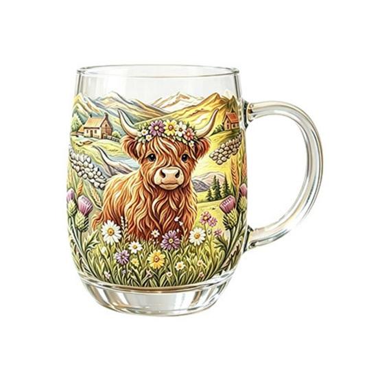 350ML Highland Cow Hand-painted Cattle Coffee Glass Highland Mug with Handle Heat-Resistant Tea B