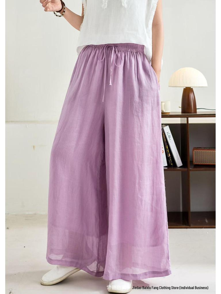 Linen Wide-Leg Pants - Spring 2026: Comfortable, Elastic Waist, Retro Artistic Style, Solid Color, Casual.