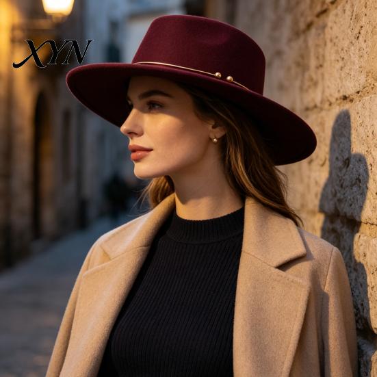 Classic Wide Brim Hat Retro Flat Top Hat, Wool Felt Pork Pie Bowler with Travel Vacation Fashion Metal Ring, Trilby for Women Men Autumn Winter Casual