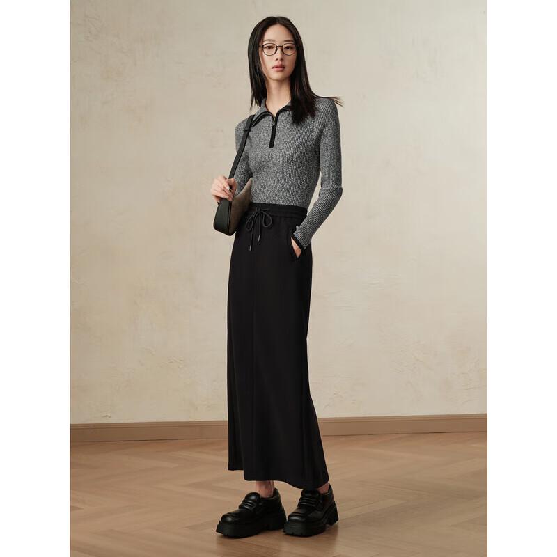 JUZI Annakou Women's Casual Fleece-Lined Slit Straight Knit Long Skirt