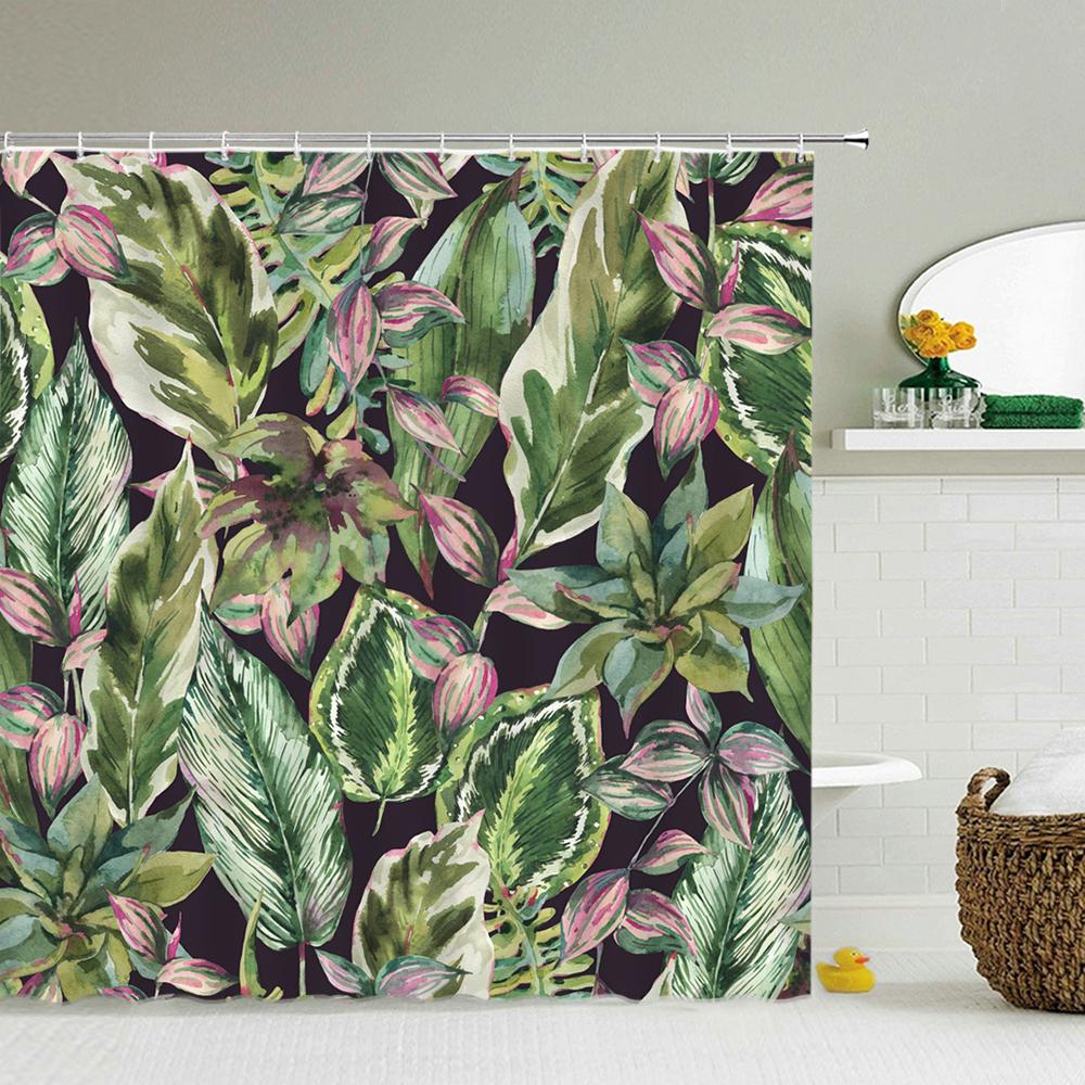 Tropical Green Plants Leaves Printed 3D Bath Curtains Waterproof Polyester Washable Bathroom Shower Curtain Screen With Hooks