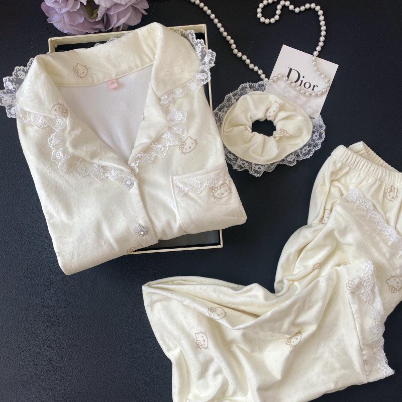 

Жіночий мереживний оксамитовий піжамний комплект Hello Kitty - Принцеса, двосторонній, з довгими рукавами, для носіння на вулиці, новий зимовий домашній одяг Extra Large