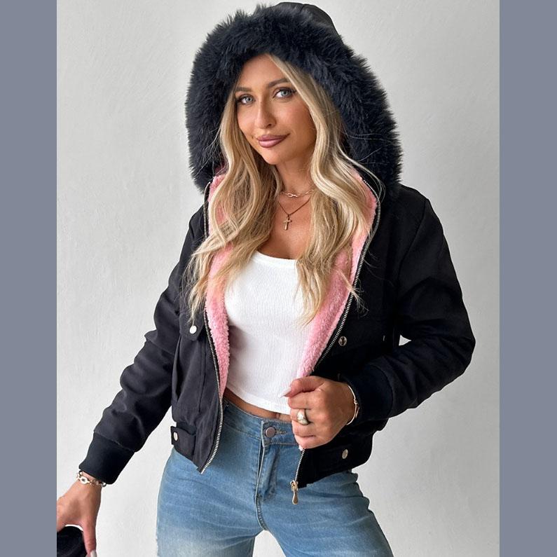 

Модное пальто Женская уличная одежда Осень/Зима Универсальное Повседневное На молнии Утепленное С длинными рукавами С капюшоном Короткая куртка для женщин XXS чёрный