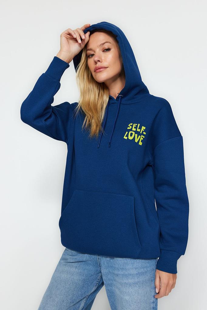 Women's Fashionable Stylish Sweatshirt Stone Back Print Detailed Oversize Wide Fit Thick Inside Fleece Knitted Sweatshirt