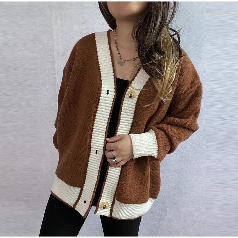 Knitted Cardigan Women V-neck Sweater Autumn Winter Single Breasted Coats Fashion Long Sleeve Panelled Casual Outerwear