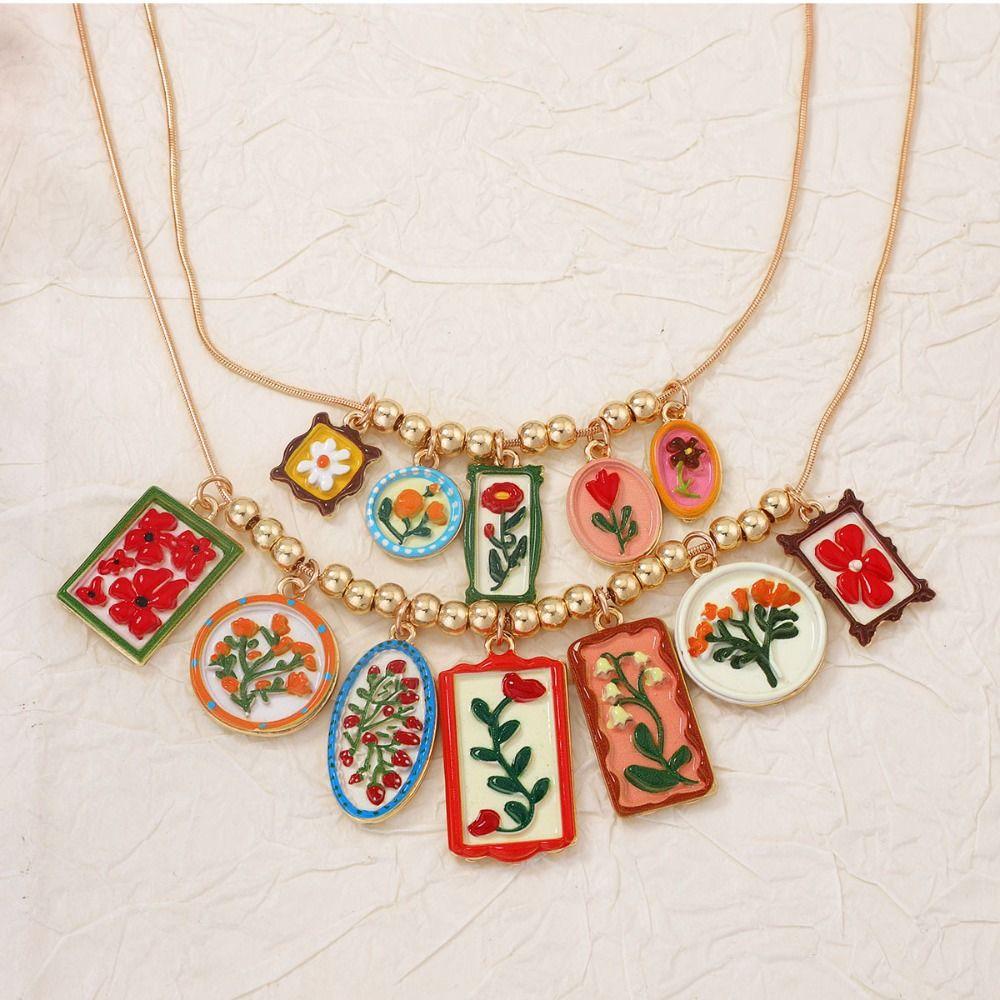 Metal Chain Enamel Floral Necklace Layered Charm Flower Pendant Necklace Ethnic Style Exaggerated Beads Clavicle Chain Gift