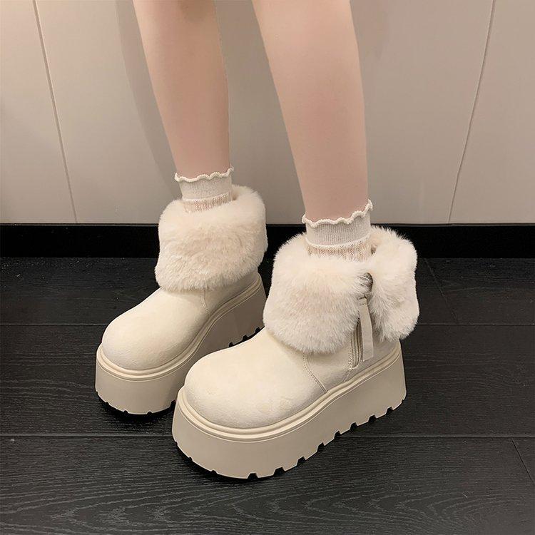 Śniegowce damskie 2025 jesień nowe grubo podeszwowe z dużym noskiem śniegowce małe 8cm podwyższenie zimy kołnierz dwie buty