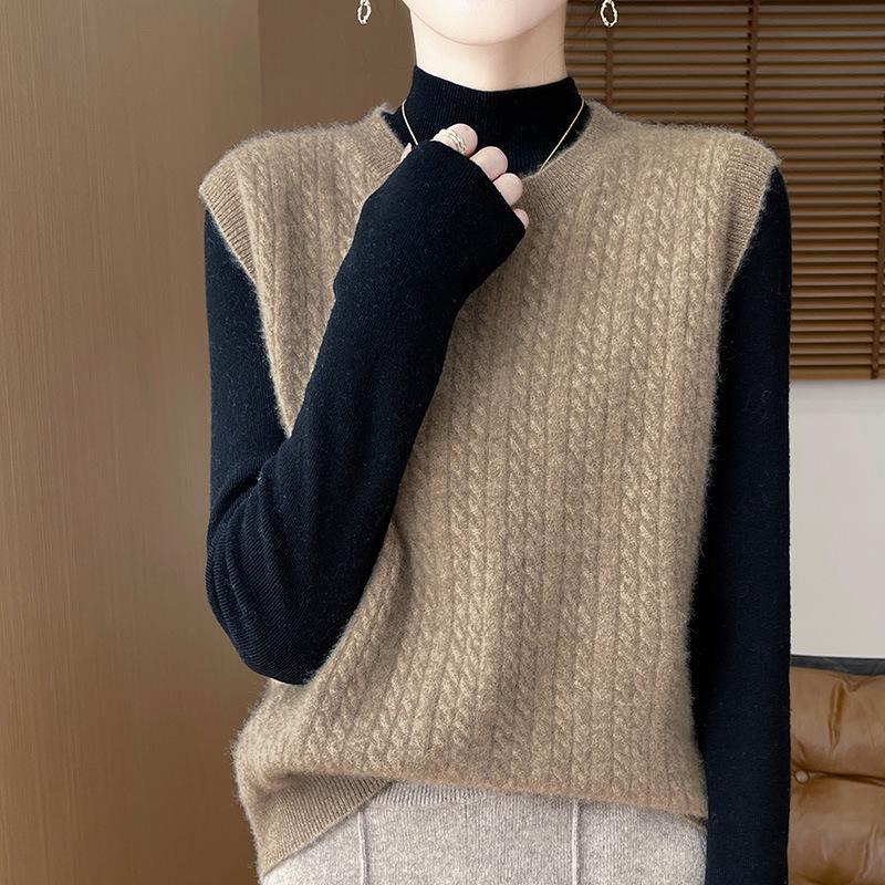 

Кашемировый жилет без рукавов с узором «косы» - Приталенный весенне-осенний многослойный джемпер Small