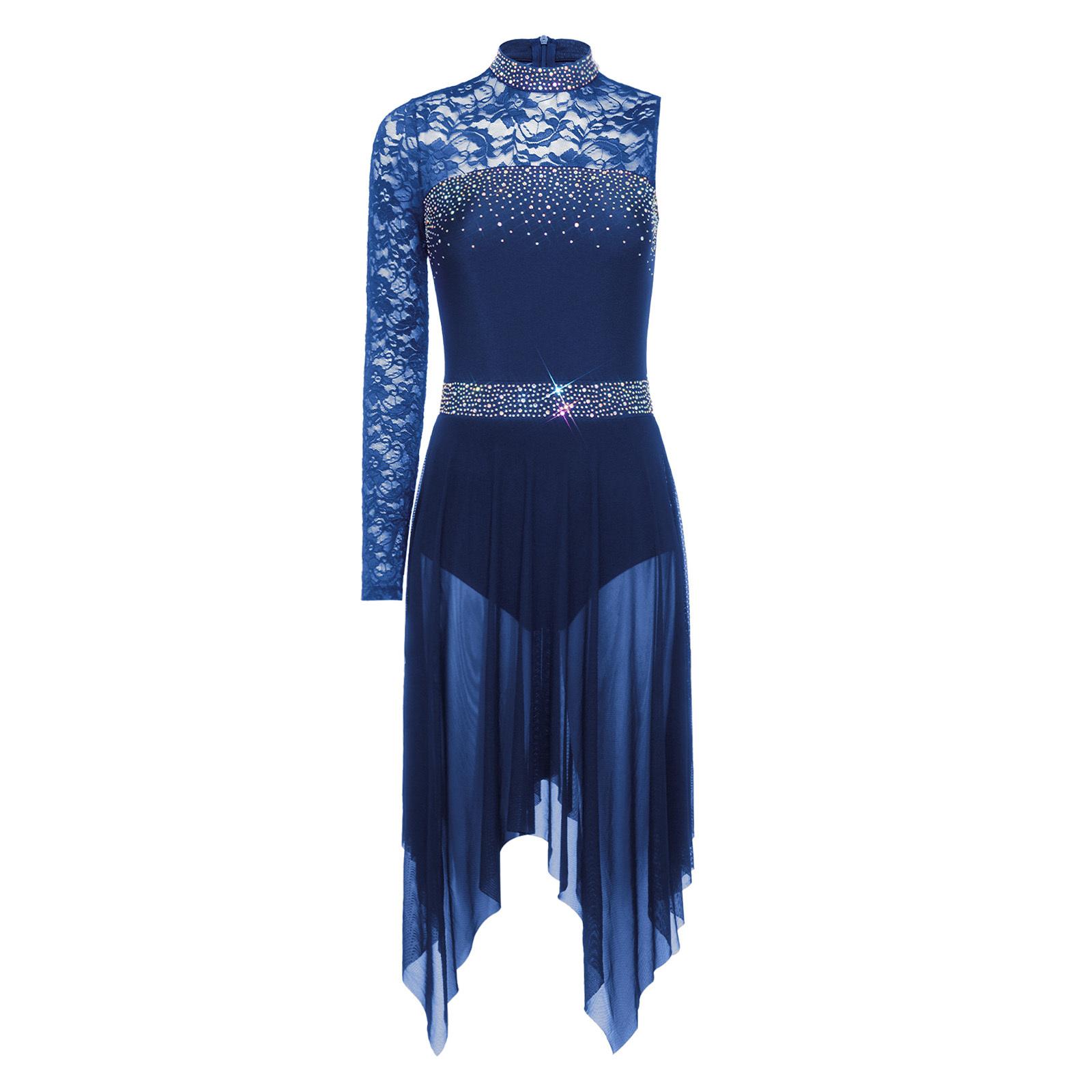 

Womens Lyrical Dance Asymmetrical Bodysuit Dress Single Long Sleeve Floral Lace Irregular Hem Skirt S синій