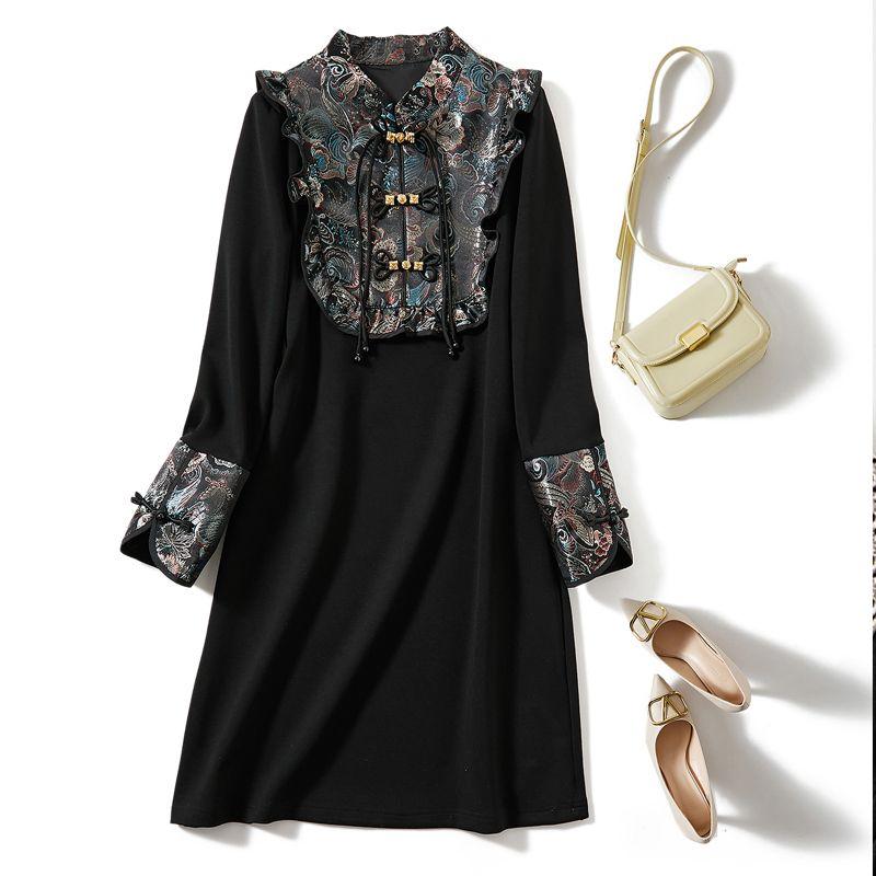

Great Leadership Dress! Forced into Women Gilding Craft Plate Buckle Small Stand Collar Court Fan Layered dress Black XL