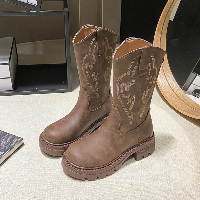 Зимние ковбойские сапоги на толстой платформе женская обувь модные туфли без застежек на среднем каблуке женские ретро-ботинки в стиле модерн 35 4770₽