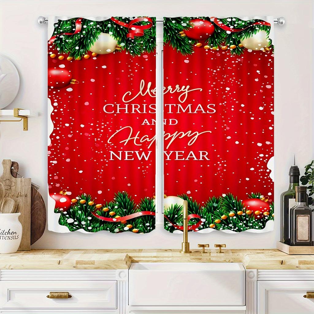 Weihnachts-Schneeflocken-Vorhänge Roter Text HD Digitaldruck Schlafzimmer Arbeitszimmer Wohnzimmer Fensterdekoration Vorhang-Set aus 2 Stück Hergestellt aus Polyester mit Stangentasche Waschbar