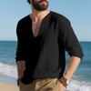 Mens Linen Shirts Loose Fit Long Sleeve  T Shirt Solid V Neck Hippie Yoga Pullover