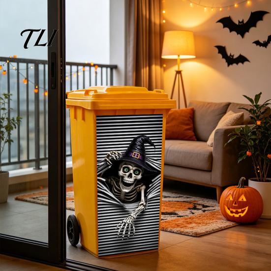 Outdoor Festive Atmosphere Decor Halloween Wall Stickers Trash Can Decal Stickers, Spooky Skull Ghost Horror for Bins Decals Garbage Cans, Waterproof