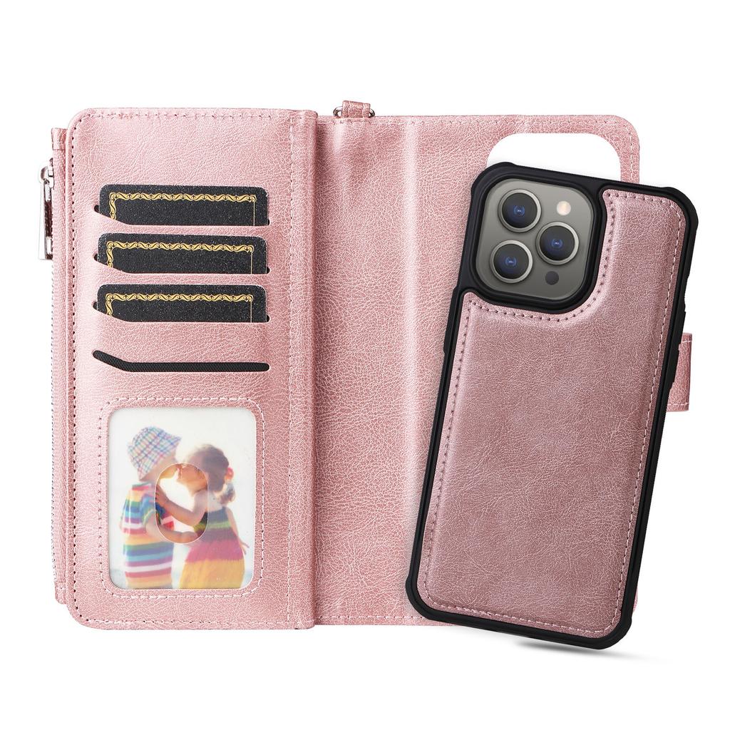 Applicable to iPhone17 mobile phone leather case 16Pro multi-function zipper wallet split magnetic two-in-one card