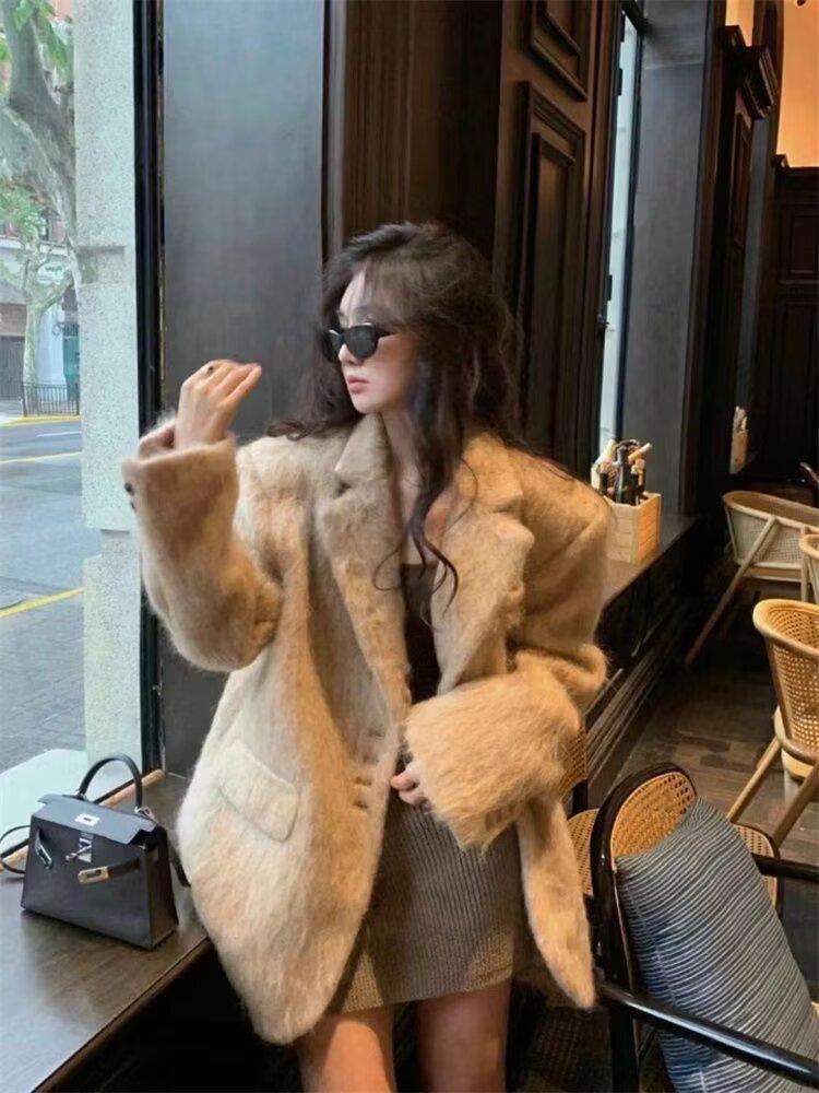 2024 Rose Pink Long-Haired Suit Jacket: European American Women's Street Fashion
