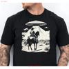 Western Cowboy UFO T-Shirt Alien 90er Meme Lustig Vintage Gewaschen Stilvoll Lässiges Oberteil Für Den Alltag Dehnbar Unisex