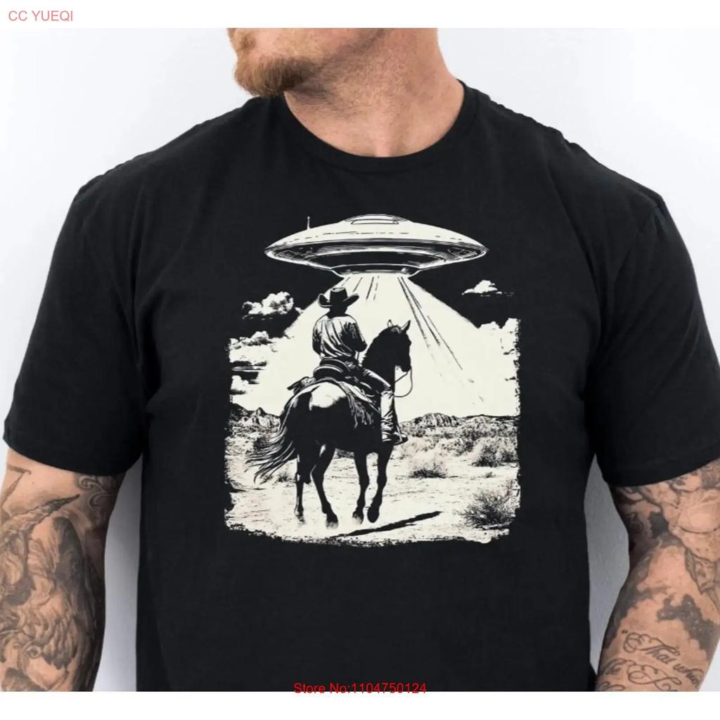 Western Cowboy UFO T-Shirt Alien 90er Meme Lustig Vintage Gewaschen Stilvoll Lässiges Oberteil Für Den Alltag Dehnbar Unisex