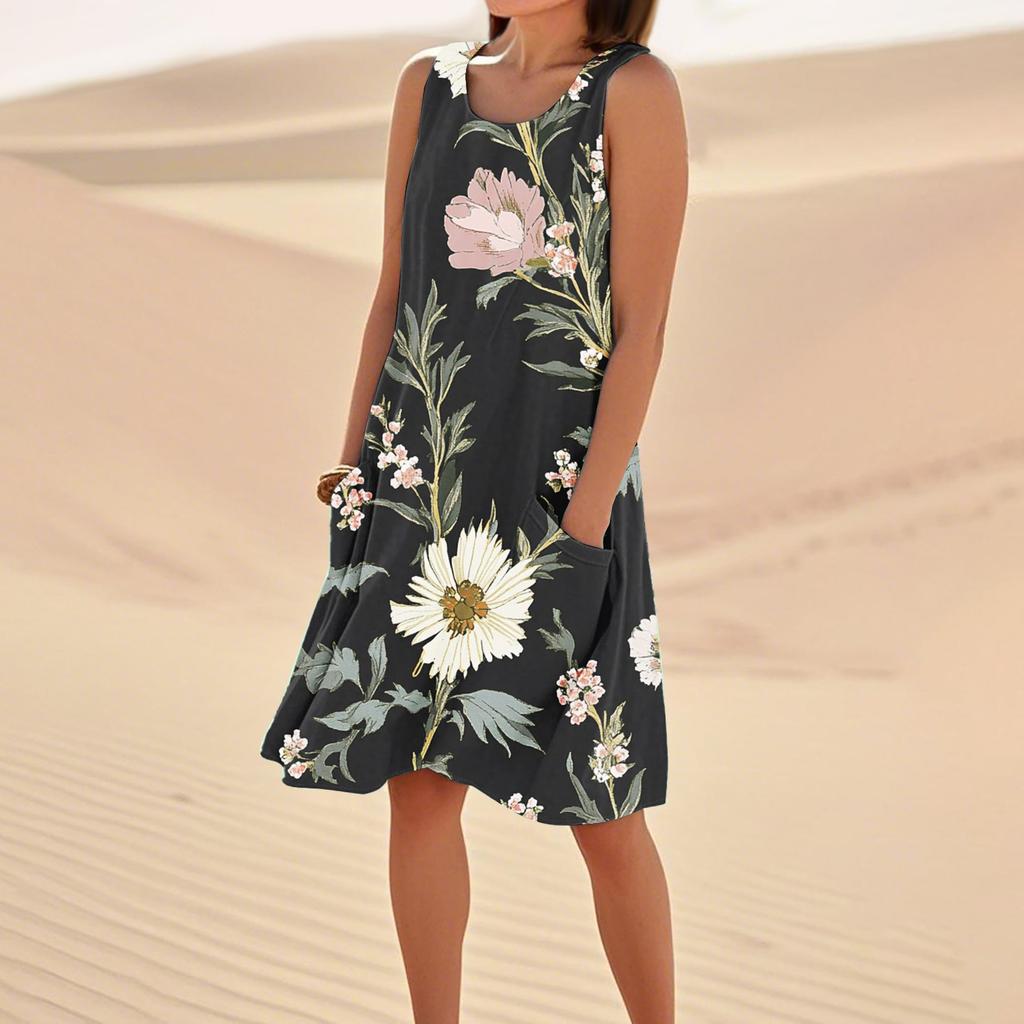 Women's Casual Summer Floral Print Sleeveless Pocket Dress