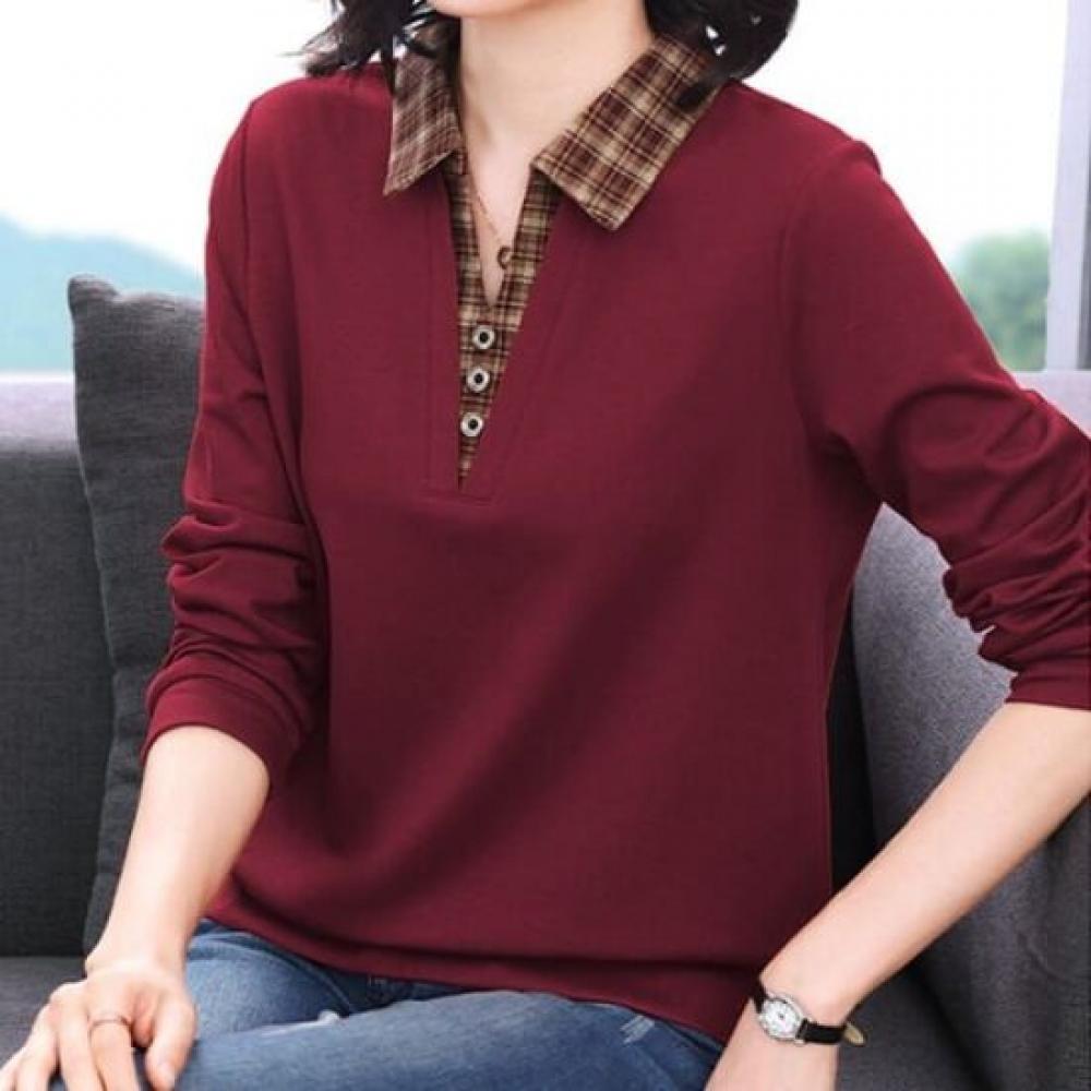 Navava Women Big Size Check BuTTon PoinT Collar Long Sleeve T shirT nT3137